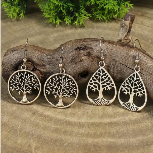 NWT Hollow Tree of Life Antique Gold 2 Sets of Drop Earrings Fashion Jewelry - Picture 1 of 3
